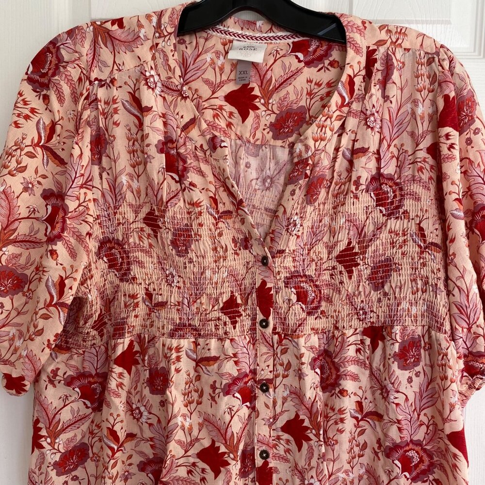 Knox Rose XXL Floral Pink & Red Button-Up Blouse With Smocked Waist & Puff Sleev